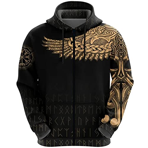 YCYR Unisex 3D Druck Rabe Kapuzenpullover Hoodie Sweatshirt, Nordischen Wikinger Schutzengel Flügel Odin Rune Tattoo Pullover Casual Harajuku Streetwear,Zipper Gold,XXL von YCYR