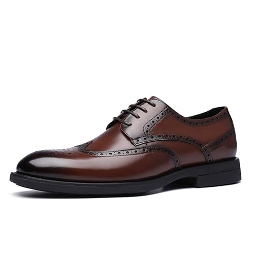 YDNH Formelle Schuhe for Herren, for Schnüren, runde, brünierte Zehenpartie, Brogue-Prägung, Flügelspitze, veganes Leder, Blockabsatz, Rutschfester Low-Top-Abschlussball(Color:Braun,Size:44 EU) von YDNH