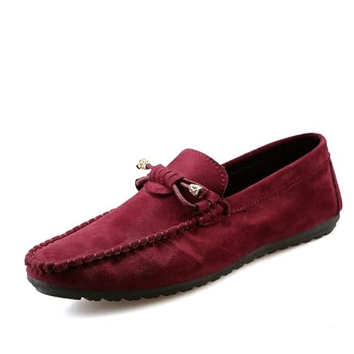 YDNH Herren-Loafer, runde Zehenpartie, einfarbig, PU-Leder, Wildleder, Vamp-Loafer, rutschfest, Flacher Absatz, rutschfeste Party-Slipper (Color : rot, Size : 42 EU) von YDNH