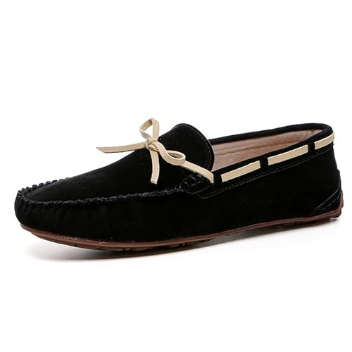 YDNH Herren-Loafer-Schuh, runde Zehenpartie, Wildleder, Vamp-Mokassins, Bootsschuhe, Flexibler, Rutschfester, Flacher Absatz, lässiger Walking-Slip-on (Color : Schwarz, Size : 42 EU) von YDNH