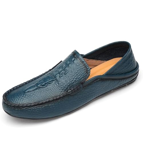 YDNH Herren-Loafer-Schuh, runde Zehenpartie, einfarbig, Krokodil-Print, Leder-Loafer-Schuhe, Flacher Absatz, bequemer, Leichter Outdoor-Slipper (Color : Blau, Size : 38 EU) von YDNH