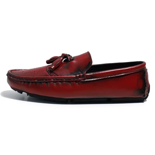 YDNH Herren-Loafer-Schuhe, quadratische Zehenpartie, Brogue-geprägte Flügelspitzen mit Quaste, Slipper for Fahren, rutschfest, Flacher Absatz, Flexible Mode, for Gehen(Color:rot,Size:44.5 EU) von YDNH