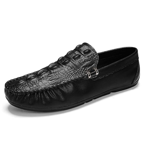 YDNH Herren-Loafer-Schuhe, runde Zehenpartie, einfarbig, Krokodil-Print, Bequeme, rutschfeste Slipper mit flachem Absatz, Klassische, lässige Slip-Ons (Color : Schwarz, Size : 41 EU) von YDNH