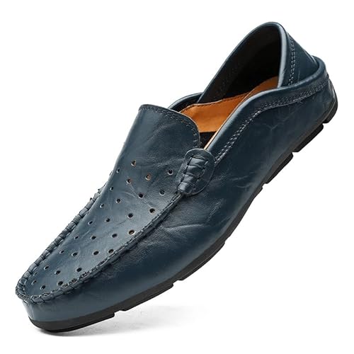 YDNH Herren-Loafer-Schuhe, runde Zehenpartie, perforiertes PU-Leder, Bequeme, rutschfeste, leichte, lässige Slip-on-Schuhe (Color : Blau, Size : 40 EU) von YDNH