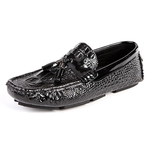 YDNH Herren-Loafer aus veganem Leder mit Krokodildruck, for Fahren, mit Quaste, flexiblem, flachem Absatz, bequemer Slip-on-Slipper for Hochzeiten und Spaziergänge(Color:Schwarz,Size:42 EU) von YDNH