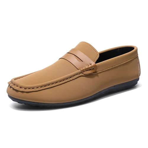 YDNH Herren-Slipper mit runder Zehenpartie, veganes Leder, Penny-Loafer-Schuh, flexibel, bequem, rutschfest, for den Außenbereich (Color : Khaki, Size : 44 EU) von YDNH