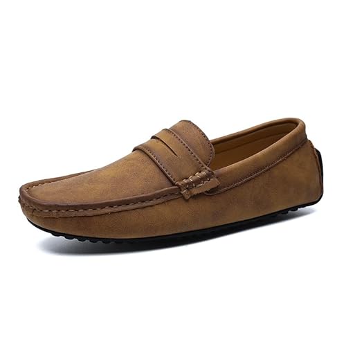 YDNH Loafer for Herren, quadratische Zehenpartie, PU-Leder, Penny-Loafer for Fahren, Flacher Absatz, rutschfest, leicht, Klassische Slip-Ons (Color : Braun, Size : 38 EU) von YDNH