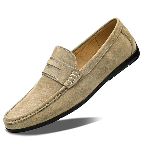 YDNH Loafer for Herren, runde Spitze, Wildleder, Vamp-Penny-Loafer, Flacher Absatz, beständig, bequem, for den Abschlussball (Color : Khaki, Size : 44 EU) von YDNH