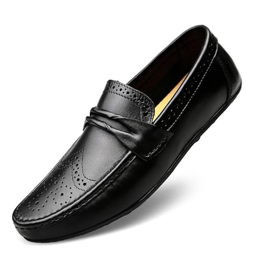 YDNH Loafer for Herren, runde Zehenpartie, einfarbig, Wingtip-Leder-Loafer-Schuhe, bequem, leicht, Flacher Absatz, Walking-Party-Slip-Ons (Color : Schwarz, Size : 45.5 EU) von YDNH