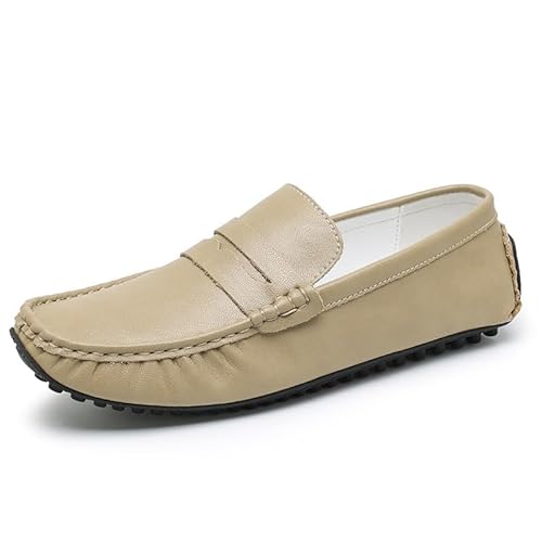 YDNH Loafer for Herren, runder Zehenbereich, Leder, Fahrstil, Loafer, flexibel, rutschfest, bequem, Slip-On for den Abschlussball(Color:Khaki,Size:44 EU) von YDNH