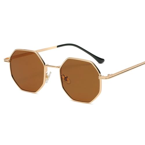 YDRABFLE Damen-Sonnenbrille Vintage Octagon Kleiner Rahmen Quadratische Sonnenbrille Frau Metallspiegel Polygon Sonnenbrille Weibliche Ozean Linse-Gold Braun von YDRABFLE