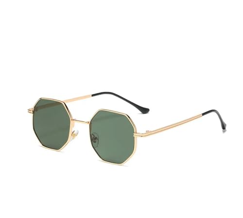 YDRABFLE Damen-Sonnenbrille Vintage Octagon Kleiner Rahmen Quadratische Sonnenbrille Frau Metallspiegel Polygon Sonnenbrille Weibliche Ozean Linse-Gold Grün von YDRABFLE