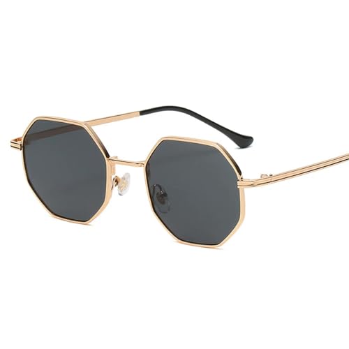 YDRABFLE Damen-Sonnenbrille Vintage Octagon Kleiner Rahmen Quadratische Sonnenbrille Frau Metallspiegel Polygon Sonnenbrille Weibliche Ozean Linse-Goldgrau von YDRABFLE