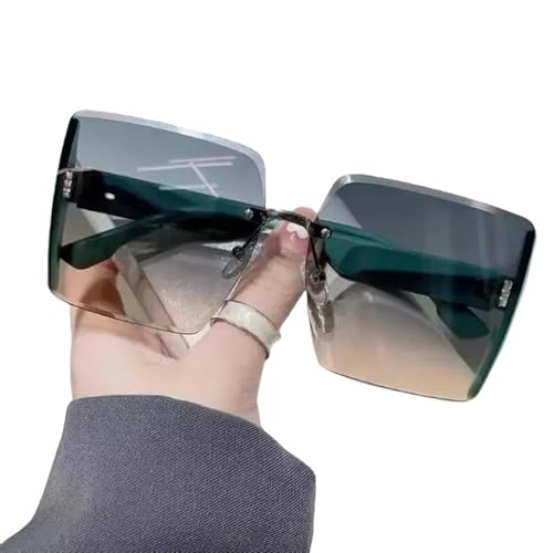 YDRABFLE Damen-Sonnenbrille Vintage Quadratische Sonnenbrille Frau Klassische Retro Gradient Spiegel Rahmenlose Sonnenbrille Weibliche Rimless-Grün-Als Bild von YDRABFLE