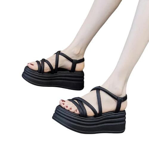 YDRABFLE Sandalen Für Damen Cross Strap Keil Absatz Sandalen Frau Sommer Chunky Plattform Slingbacks Frauen Hausschuhe Dicke Unterseite Dias Flip Flops-Schwarz-35 von YDRABFLE