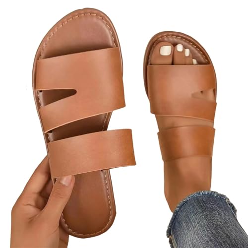 YDRABFLE Sandalen Für Damen Damen Sandalen Solide Farbe Offene Zehe Flache Unterseite Bohemia Strand Hausschuhe Freizeit Bequeme Tägliche Frauen Sandalen-Braun-43 von YDRABFLE