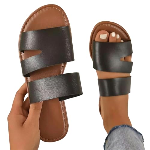 YDRABFLE Sandalen Für Damen Damen Sandalen Solide Farbe Offene Zehe Flache Unterseite Bohemia Strand Hausschuhe Freizeit Bequeme Tägliche Frauen Sandalen-Schwarz-38 von YDRABFLE