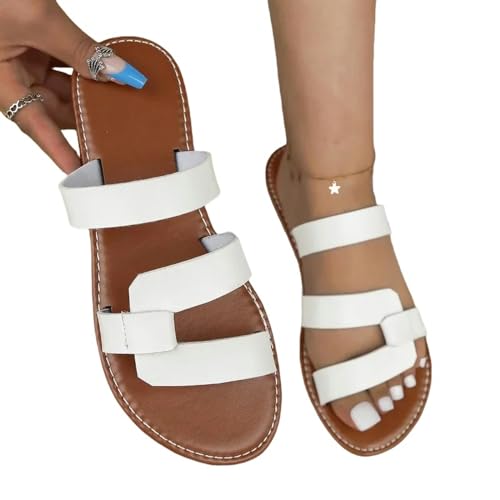 YDRABFLE Sandalen Für Damen Einfarbige Flache Sandalen Offene Zehe Outdoor Hausschuhe Strand Damenschuhe Plus Größe-Weiss-37 von YDRABFLE