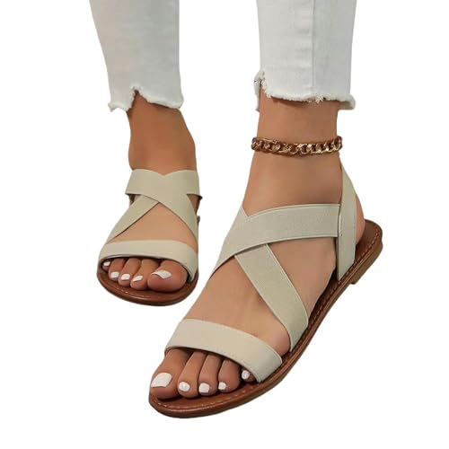 YDRABFLE Sandalen Für Damen Flache Damensandalen Mit Rutschfester Gummisohle Damenschuhe Plus-Beige-37 von YDRABFLE