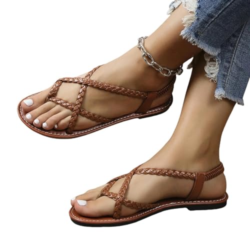 YDRABFLE Sandalen Für Damen Flache Sandalen Solid Color Woven Flip-Toe Sandalen, Frauen Tragen Strand Sandalen-Dunkel Khaki-36 von YDRABFLE