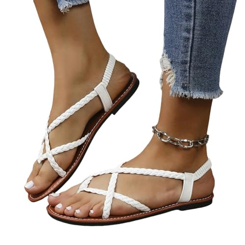 YDRABFLE Sandalen Für Damen Flache Sandalen Solid Color Woven Flip-Toe Sandalen, Frauen Tragen Strand Sandalen-Weiss-36 von YDRABFLE