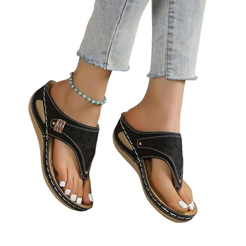 YDRABFLE Sandalen Für Damen Frauen Keil Sandalen Clip Toe Orthopädische Bogen Unterstützung Sandalen Frau Soft Plattform Flip Flops-Schwarz-37 von YDRABFLE