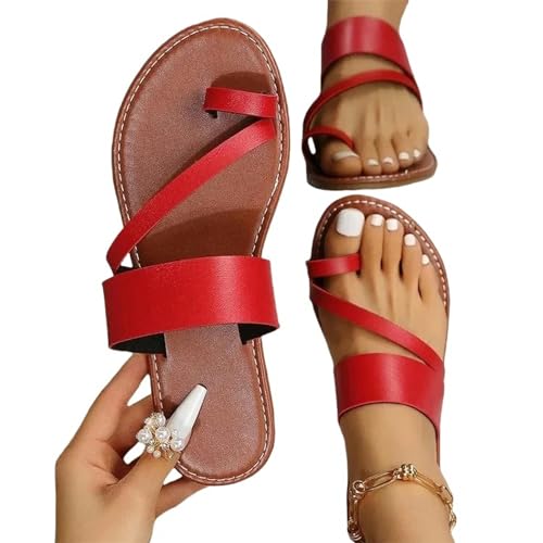 YDRABFLE Sandalen Für Damen Frauen Minimalistische String Sandalen Flache Sandalen Sommer Outdoor Strand Urlaub Freizeit Frau Schuhe-Rot-39 von YDRABFLE