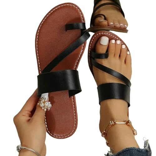 YDRABFLE Sandalen Für Damen Frauen Minimalistische String Sandalen Flache Sandalen Sommer Outdoor Strand Urlaub Freizeit Frau Schuhe-Schwarz-39 von YDRABFLE