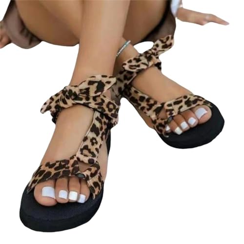 YDRABFLE Sandalen Für Damen Frauen Sandalen Farbe Flat Casual Schnürung Up Bow Schuhe Für Damen Outdoor Leopard Strand Mujer-Gelb-36 von YDRABFLE