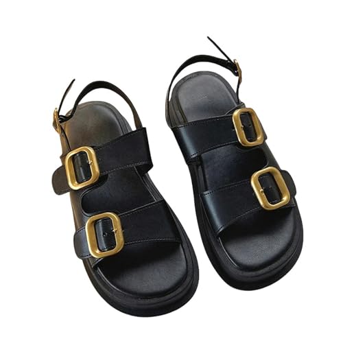 YDRABFLE Sandalen Für Damen Plattform Damen Sandalen Frauen Flache Sandalen Casual Metall Schnalle Soft Bottom Damen Sandalen-Schwarz-36 von YDRABFLE