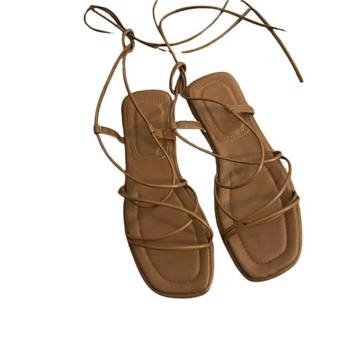 YDRABFLE Sandalen Für Damen Sandalen Frauen Strand Flat Casual Cross-Tie Offene Zehe Schmale Band Schuhe Schwarz Sandalen-Q61Brown-35 von YDRABFLE