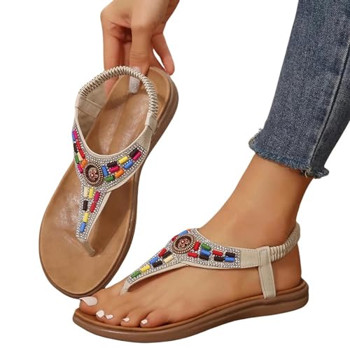 YDRABFLE Sandalen Für Damen Sandalen Für Frau Flat Heels Bunte Perlen Strand Flip Flops Frauen Rutschfeste Schuhe-Beige-36 von YDRABFLE