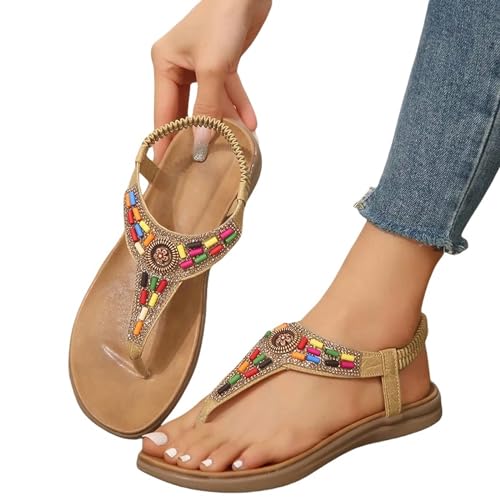 YDRABFLE Sandalen Für Damen Sandalen Für Frau Flat Heels Bunte Perlen Strand Flip Flops Frauen Rutschfeste Schuhe-Gelb-36 von YDRABFLE