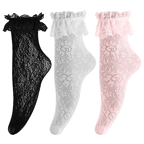 YDYSAA Mesh Spitze Kurze Netzsocken 3 Paar Damen Söckchen Mit Spitze Damen Fischnetz Söckchen Spitze Rüschen Socken Spitzen Ruffle Fußkettchen Socken Für Frauen Mädchen Schulmädchen Kleidung Kostüm von YDYSAA