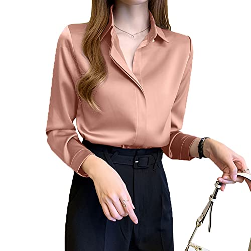 YEASQGS Satin Seide Bluse für Frauen Button Up Seide Hemd Vintage Bluse Lady Langarm Shirts, rose, 32-34 von YEASQGS