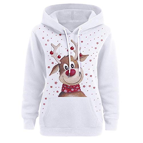 Weihnachten Pullover Damen, Teenager Mädchen Weihnachtspulli Rudolph Rentier Elfe Kapuzen Christmas Sweatshirt Xmas Pulli Schneemann Hoodie Weihnachtspullover Kapuzenpulli Kapuzenpullover(5XL,A- Weiß) von YEBIRAL