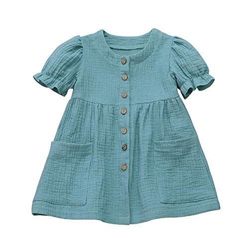 YEBIRAL Baby Mädchen Sommer A-Linie Kurzarm Baumwolle Leinen Kleider einfarbig Kleinkind Prinzessin Blusenkleid Basic Rundhals Freizeitkleidung Gr. 80-120 von YEBIRAL