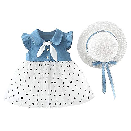 YEBIRAL Baby Mädchen Sommerkleid Gerüscht Tüll Kleid Knopfleiste Ärmellose Urlaub Punkte Kleinkind Prinzessin Kleidung Outfit + Hut Set von YEBIRAL