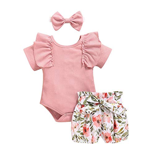 YEBIRAL Babykleidung Set Baby Mädchen Stricken Fliegender Ärmel Body Strampler + Blumen Shorts + Stirnband Neugeborene Kleinkinder Sommer Süßer Outfits Set für 0-24 Monate von YEBIRAL