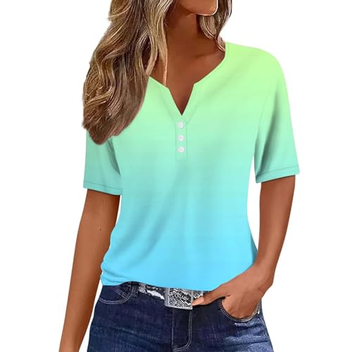 YEBIRAL Blusen Damen Sommer Bunt Elegant Kurzarm Oberteile Sommer Tshirt V-Ausschnitt Top mit Knöpfen Casual Henley Shirt Farbverlauf Farbblock Blumen T-Shirt Tunika Tops Blusenshirt von YEBIRAL