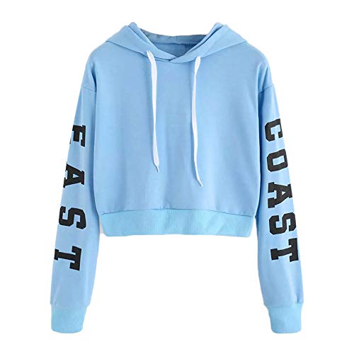 YEBIRAL Damen Hoodie Mädchen Kapuzenpulli Briefdruck Bauchfrei Pullover Oberteile Kurz Sport Crop Tops Sweater Sweatshirt Sweatjacke (Blau, L) von YEBIRAL