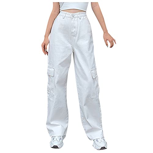 YEBIRAL Damen Jeans Hose High Waist Baggy Straight Leg Einfarbig Bootcut Jeanshose Weite Bein Boyfriend Cargo Jeans Streetwear Y2K Schlaghose von YEBIRAL