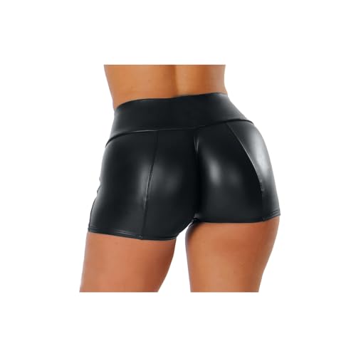 YEBIRAL Damen Kunstleder Shorts Hohe Taille Kurze Hose PU Leder-Optik Hotpants Schwarz (Schwarz- A, M) von YEBIRAL