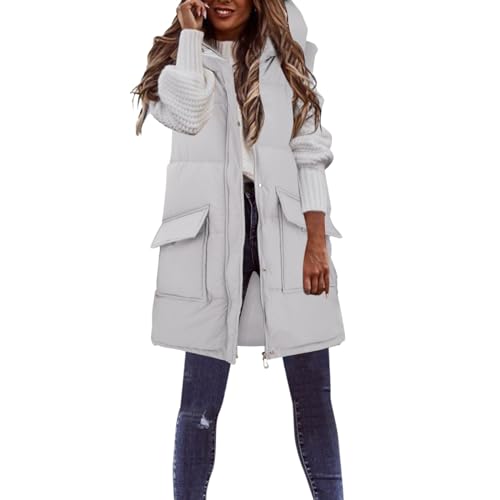 YEBIRAL Damen Lang Weste Steppweste Winter Daunenweste Übergangsweste Winterjacke Longweste Winterweste Leichte Warm Gesteppt Casual Reißverschluss Pufferjacke mit Kapuze Daunenmantel von YEBIRAL