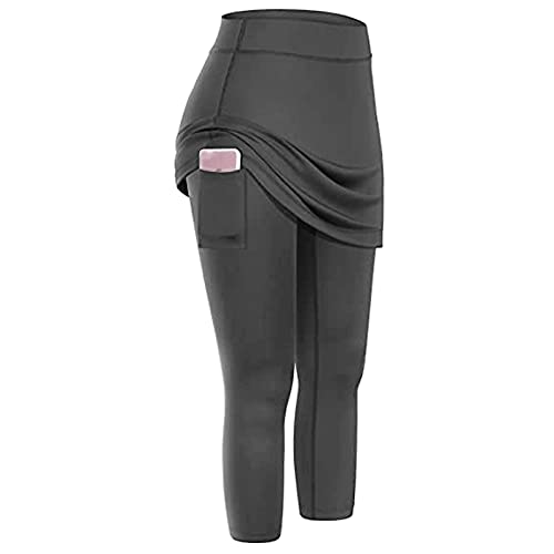 YEBIRAL Damen Leggings mit Rock 2 in 1 Tennisrock mit Hose Sportrock Golf Skort Fitness Laufhose Workout 3/4 Yogahose mit Taschen Sportskort Hosenrock Sport Radlerhose von YEBIRAL