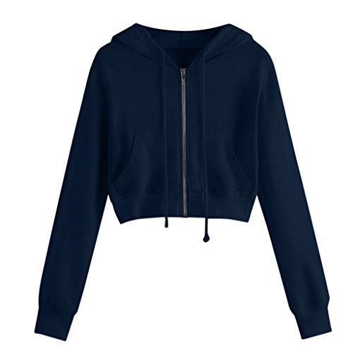 YEBIRAL Damen Sweatjacke, Teenager Mädchen Bauchfrei Kapuzenpullover Langarm Kurz Hoodie Sweatshirt Crop Pullover Tops Kapuzenjacke mit Kordel und Zip (Marine, L) von YEBIRAL