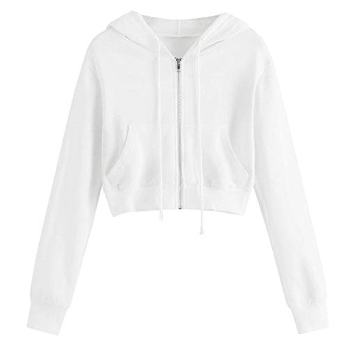 YEBIRAL Damen Sweatjacke, Teenager Mädchen Bauchfrei Kapuzenpullover Langarm Kurz Hoodie Sweatshirt Crop Pullover Tops Kapuzenjacke mit Kordel und Zip (Weiß, S) von YEBIRAL