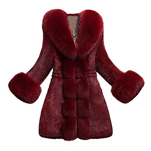 YEBIRAL Damen Wintermantel Elegant Winter Kunstpelz Jacke Warm Outwear Mit Faux Pelz Kragen Felljacke Lang Mantel Winterparka(S,Weinrot) von YEBIRAL