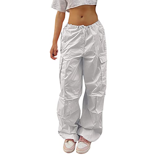 YEBIRAL Fallschirmhose Damen Cargohose Baggy Y2K Weites Bein Hose Vintage Elastische Taille Jogginghose mit Kordelzug Teenager Mädchen Track Pants Streetwear Parachute Pants von YEBIRAL