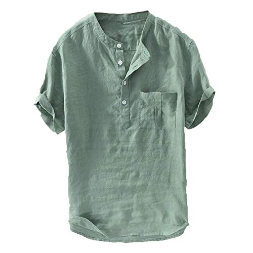 YEBIRAL Herren Hemd Kurzarm Leinenhemd Henley Shirt Männer Übergröße Einfarbig Leinen Freizeithemd Casual Lässig Bequem Atmungsaktiv Sommerhemden Loose Fit(4XL,Grün) von YEBIRAL